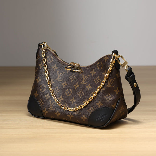 Pre-owned restored Louis Vuitton Boulogne bag with monogram canvas and gold chain, revived by Empyrean Atelier