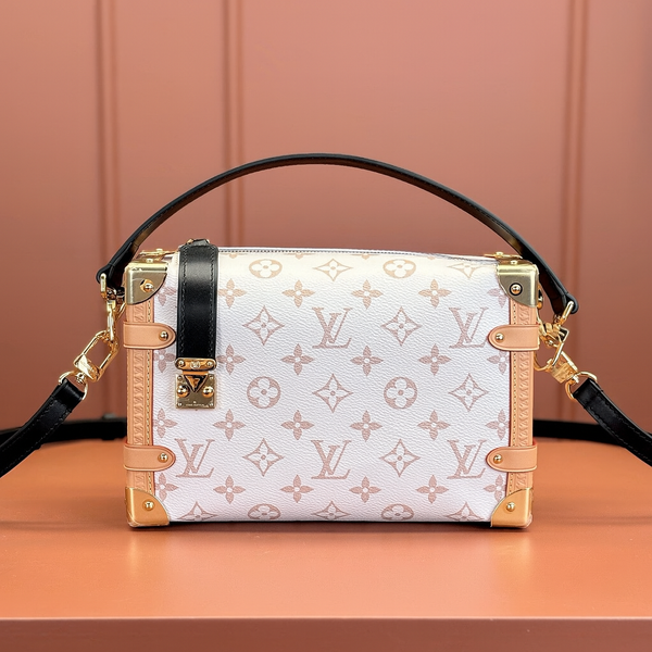 Front view of a restored pre-owned Louis Vuitton Side Trunk in Monogram Dune canvas with natural leather trim, black top handle, and gold-tone hardware. Meticulously restored by Empyrean Atelier.