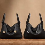 Pre-owned restored Hermès Lindy 26 bags in black Clemence leather with gold and palladium hardware, restored by Empyrean Atelier